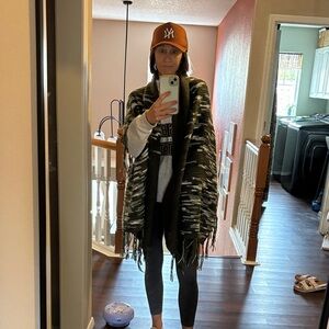 Olive green & White Fringe Poncho